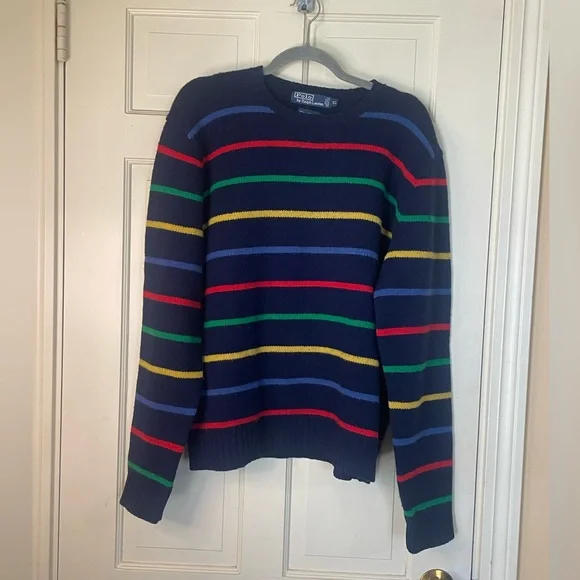 Polo Ralph Lauren Sweater Navy Striped Lambswool Sz XL Colorful Preppy Vintage - Picture 1 of 6